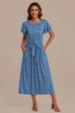 Blue Floral Short Sleeve Round Neck Midi Dress