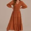 Rust Long Puff Sleeve V Neck Smocked Tiered Midi Dress -LILA Clothing Shop 2070703 1