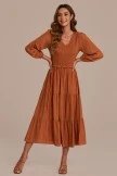 Rust Long Puff Sleeve V Neck Smocked Tiered Midi Dress