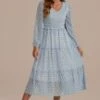 Mint Long Sleeve V Neck Smocked Midi Dress -LILA Clothing Shop 2071401 1