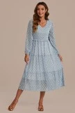Mint Long Sleeve V Neck Smocked Midi Dress