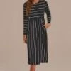 Black And White Long Sleeve Round Neck Stripe Midi Dress