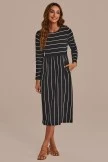 Black And White Long Sleeve Round Neck Stripe Midi Dress