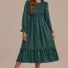 Green Long Sleeve High Neck Polka Dot Midi Dress