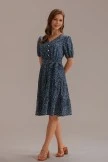 Black Dots Print Short Sleeve V Neck Buttons Tiered Midi Dress