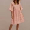 Blush 3/4 Length Bell Sleeve V Neck Gathered Waist Cotton Midi Dress -LILA Clothing Shop 7e1a0198