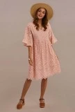 Blush 3/4 Length Bell Sleeve V Neck Gathered Waist Cotton Midi Dress