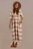 Taupe Half Sleeve Round Neck Gathered Waist Plaid Maxi Dress With Pocket