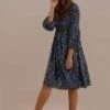 Blue 3/4 Length Sleeve Round Neck Natural Floral Midi Dress -LILA Clothing Shop 7e1a2172