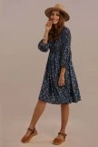 Blue 3/4 Length Sleeve Round Neck Natural Floral Midi Dress