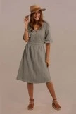 3/4 Length Ruffle Sleeve V Neck Elastic Waist Button Midi Dress