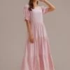 Pink Short Ruffle Sleeve Round Neck Tiered Midi Dress -LILA Clothing Shop brl2042702 1