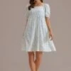 White Floral Short Puff Sleeve Square Neck Mini Dress -LILA Clothing Shop brl292 1 1