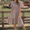 Dusty Mauve Short Loose Sleeve V Neck Shirring Midi Dress -LILA Clothing Shop brl309 1