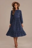 Blue Long Sleeve Round Neck Polka Dot Midi Dress