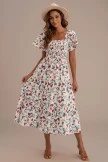 White Floral Short Sleeve Square Neck Smocked Midi Dress