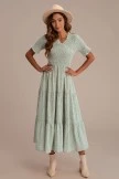 Green Floral Short Sleeve Ruffle Round Neck Smocked Tiered Maxi Dress