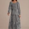 Black&White Plaid Long Sleeve Square Neck Smocked Midi Dress -LILA Clothing Shop brld2060901 1