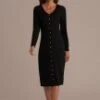 Black Long Sleeve V Neck Buttons Midi Dress