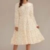 Ivory Floral Long Sleeve Round Neck Tiered Midi Dress -LILA Clothing Shop brld2092901 1