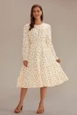Ivory Floral Long Sleeve Round Neck Tiered Midi Dress