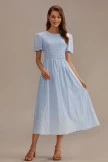 Blue Stripe Short Sleeve Round Neck Smocked Cotton Midi Dress