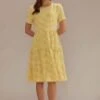 Yellow Plaid Short Sleeve Round Neck Tiered Cotton Midi Dress -LILA Clothing Shop brld2120102 1