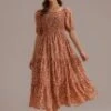 Rust Short Sleeve Square Neck Smocked Maxi Dress -LILA Clothing Shop brld2120105 1