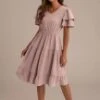 Tiered Ruffled Short Sleeve V Neck Swiss Dots Midi Dress 2 Tiered Ruffled Short Sleeve V Neck Swiss Dots Midi Dress -LILA Clothing Shop brld22030204 1