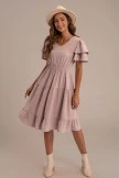 Tiered Ruffled Short Sleeve V Neck Swiss Dots Midi Dress