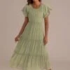 Green Short Sleeve Round Neck Tiered Ruffled Midi Dress -LILA Clothing Shop brld220324001 1 1
