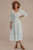 Floral 3/4 Sleeve Square Neck Smocked Tiered Midi Dress