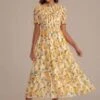 Lemon Pattern Print Short Sleeve High Ruffle Neck Smocked Midi Dress -LILA Clothing Shop brld22051202 1