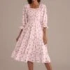 Floral Half Sleeve Square Neck Smocked Tiered Midi Dress