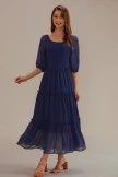 Blue 3/4 Sleeve Square Neck Smocked Tiered Maxi Dress