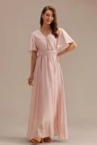 Pink Short Puff Sleeve V Neck Tie Waist Maxi Dress