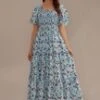 Blue Floral Short Sleeve Square Neck Smocked Tiered Maxi Dress -LILA Clothing Shop brld22071405 1