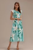 Green Floral Short Sleeve Round Neck Smocked Midi Dress