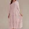 Pink Floral 3/4 Sleeve Round Neck Smocked Tiered Midi Dress -LILA Clothing Shop brld22080401 1