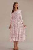 Pink Floral 3/4 Sleeve Round Neck Smocked Tiered Midi Dress