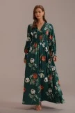 Multi Floral Long Sleeve V Neck Maxi Dress