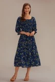 Teal Floral 3/4 Sleeve Square Neck Smocked Tiered Midi Dress