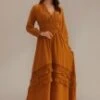 Camel 3/4 Sleeve V Neck Ruffle Maxi Dress -LILA Clothing Shop brld22090607 1