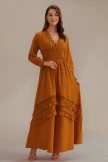Camel 3/4 Sleeve V Neck Ruffle Maxi Dress