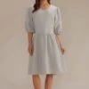 Sage Short Puff Sleeve V Neck Midi Dress -LILA Clothing Shop brld22092707 1