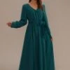 Green Long Sleeve V Neck Solid Green Maxi Dress -LILA Clothing Shop brld22092709 1