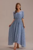 Blue Floral Short Elastic Ruffle Sleeve V Neck Maxi Dress