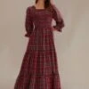 Red Plaid 3/4 Sleeve Square Neck Smocked Tiered Maxi Dress -LILA Clothing Shop brld22100605 4