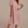 Pink Plaid Short Sleeve Round Neck Midi Dress -LILA Clothing Shop brld23062001 1