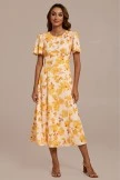 Yellow Floral Short Sleeve Round Neck Midi Dress